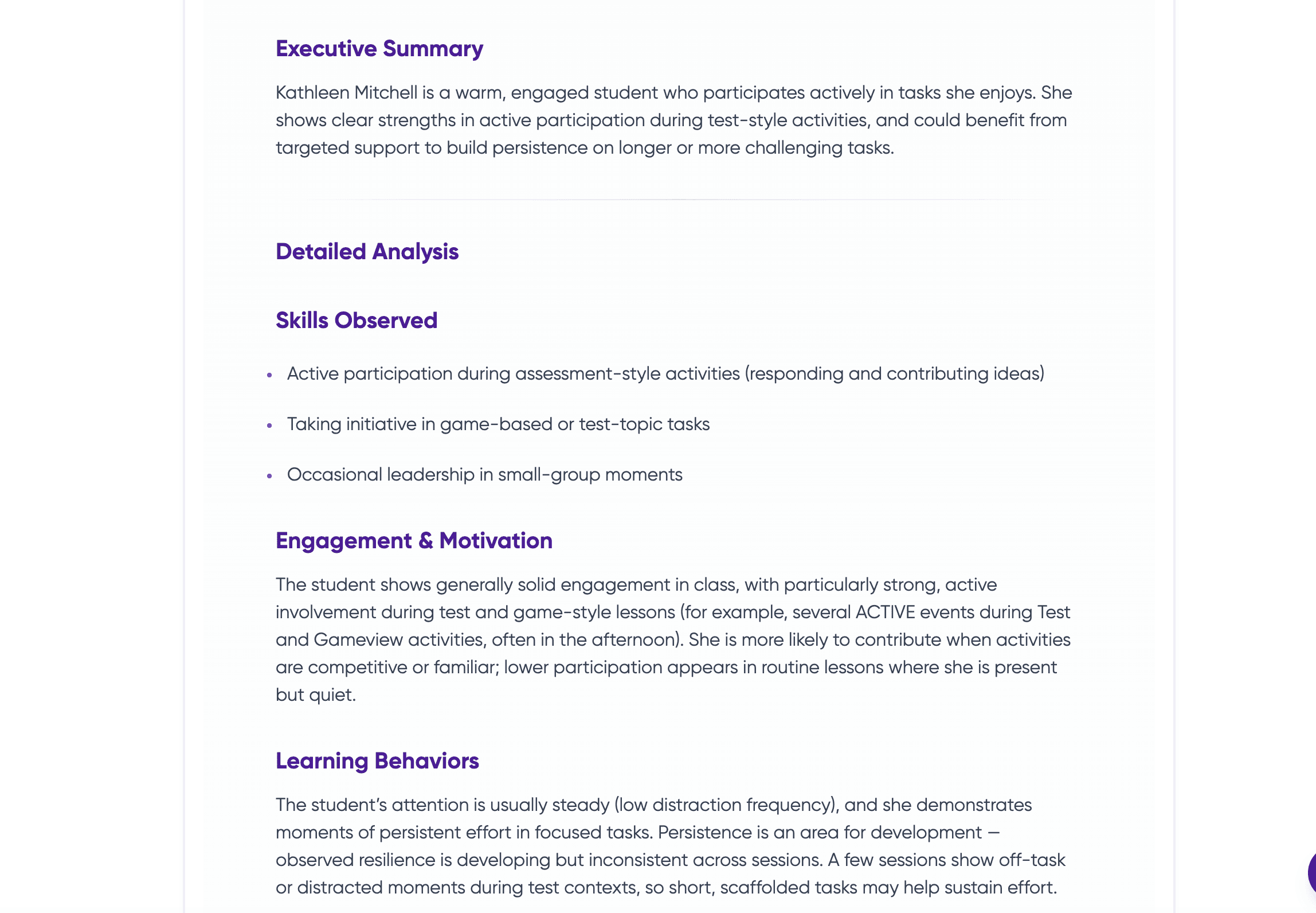 An AI-supported ClassMap report summarising observed skills and engagement for teacher review