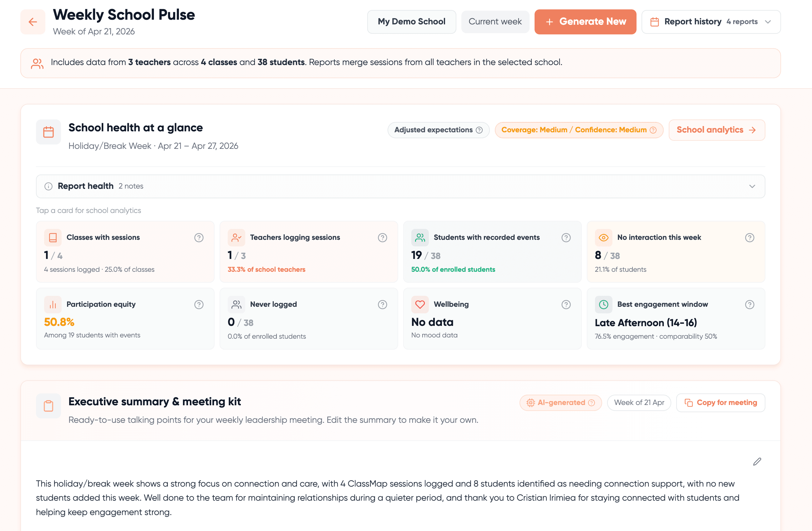 ClassMap Weekly School Pulse showing aggregated teacher-led observations across classes